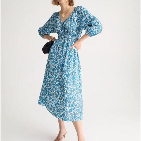 J. Crew Womens Midi Dress XS Blue Blooms Blockprint Floral Smocked Cotton - Picture 1 of 16